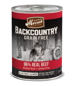 Merrick Backcountry Grain Free 96% Real Beef Wet Dog Food Three Blue Dogs