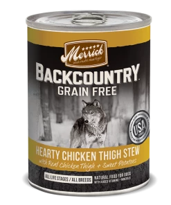 Merrick Backcountry Grain Free Hearty Chicken Thigh Stew Wet Dog Food Three Blue Dogs