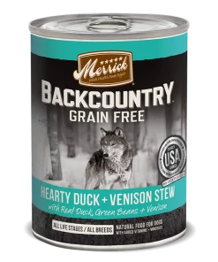 Merrick Backcountry Grain Free Hearty Duck + Venison Stew Wet Dog Food Three Blue Dogs