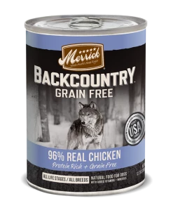 Merrick Backcountry Grain Free 96% Real Chicken Wet Dog Food Three Blue Dogs