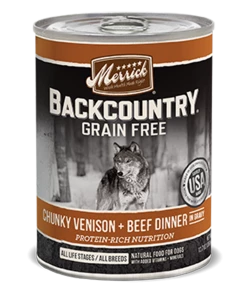 Merrick Backcountry Grain Free Chunky Venison + Beef Dinner In Gravy Wet Dog Food Three Blue Dogs